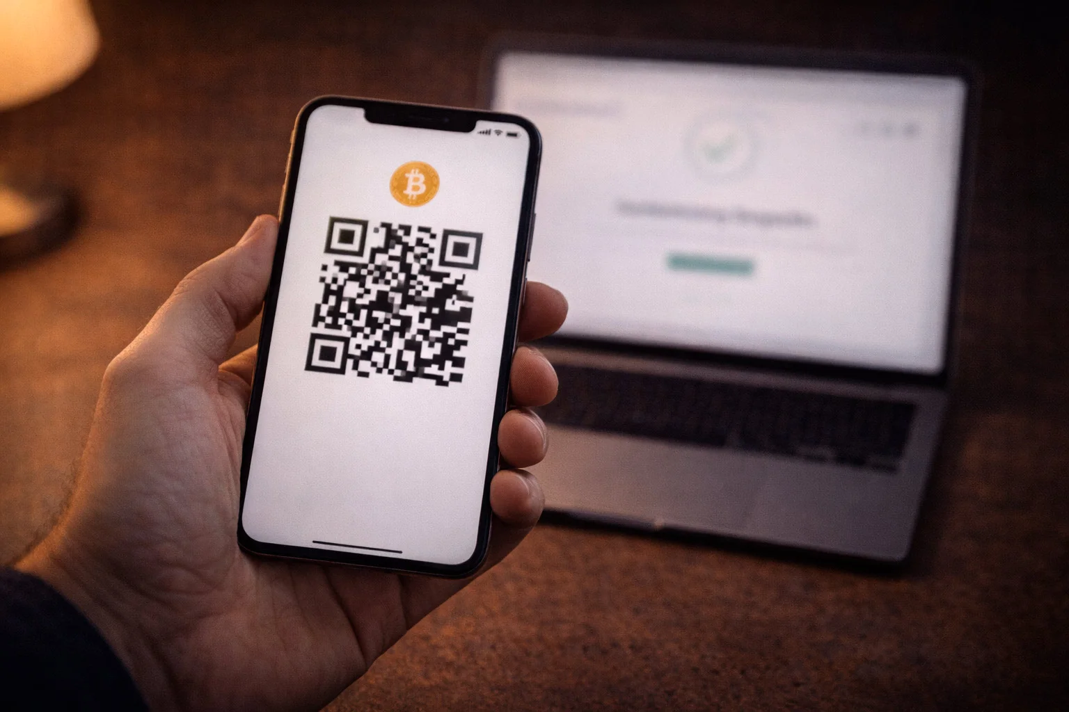 Smartphone zeigt eine Bitcoin-Wallet-App mit QR-Code für eine Einzahlung