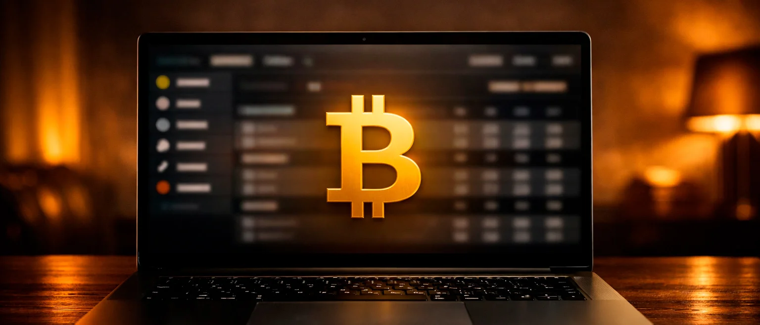 Laptop mit Sportwetten-Oberfläche und Bitcoin-Symbol auf dem Bildschirm