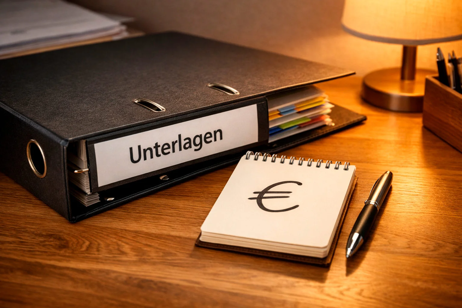 Ordner mit Steuerunterlagen und dem €-Symbol neben einem Notizbuch