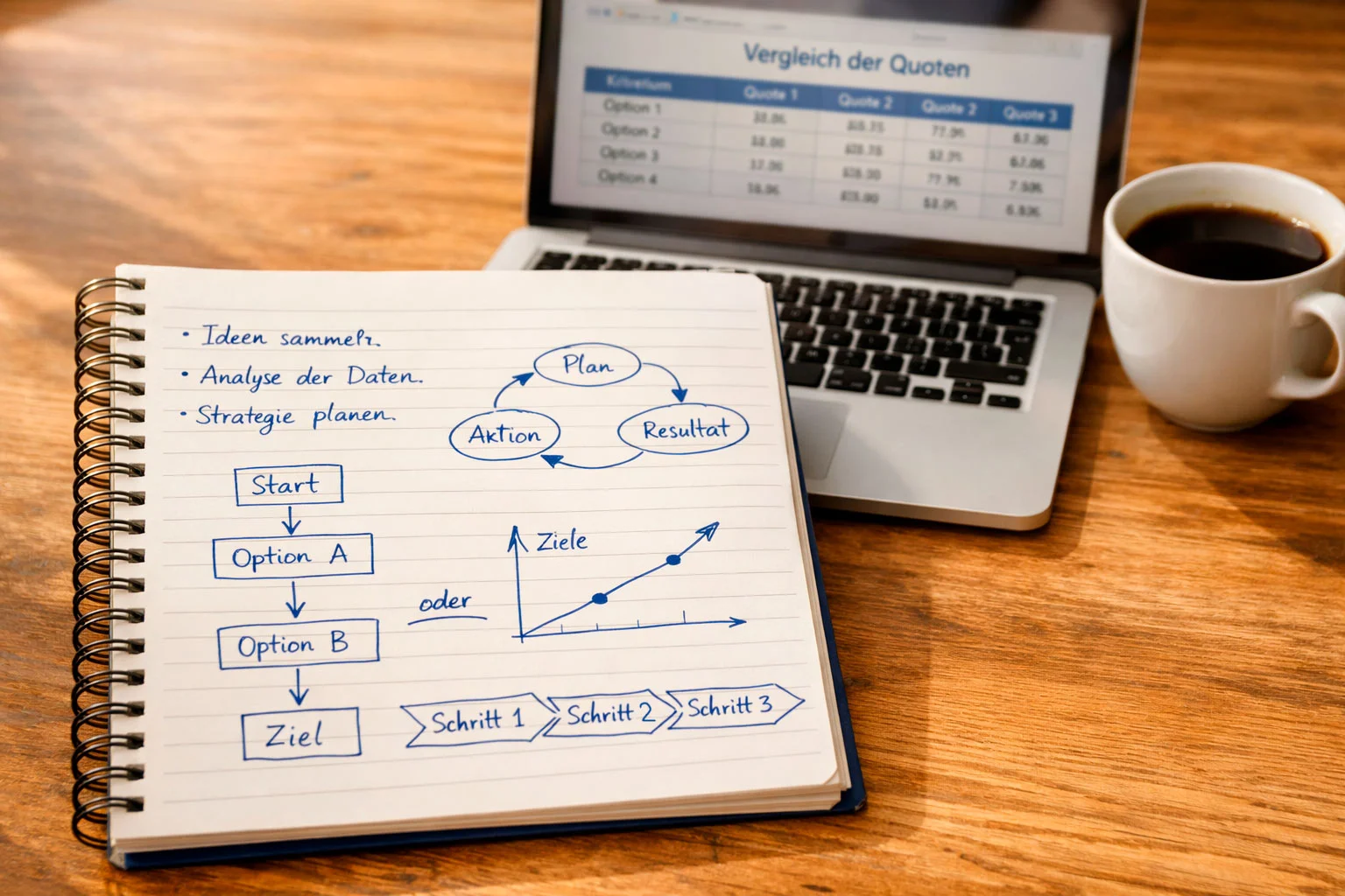 Notizbuch mit handgeschriebener Wettstrategie neben einem Laptop mit Quotenvergleich